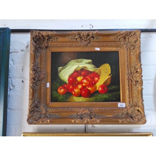 854 - 20th century school, oil on board, still life of apples (38.5cm x 28.5cm), signed 'D. Long' to lower... 