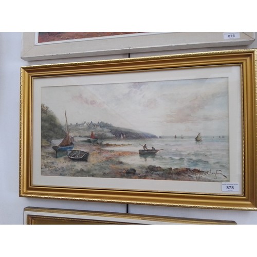 878 - J Hughes Clayton (Welsh, active 1870-1930), watercolour, coastal scene with boats (48.5cm x 24.5cm),... 