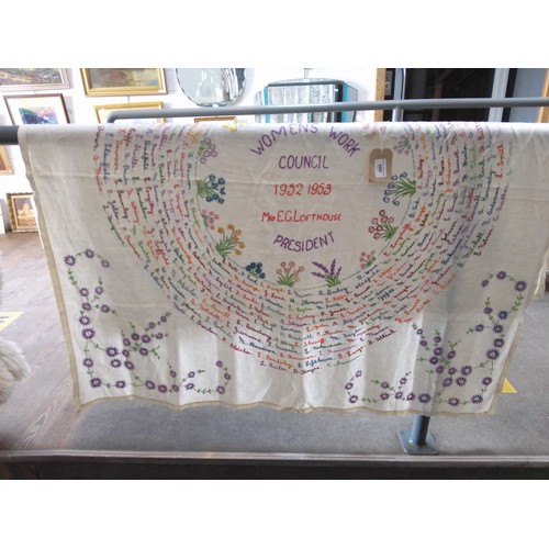 888 - A presentation embroidery 'Womens Work Council 1952 1953 Mrs E.G. Lofthouse President' 122cm x 120cm... 