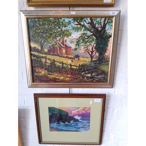 853 - Two original works by Robert Lee (British 20th/21st century), 'Old Cottages, Much Hoole' oil on boar... 