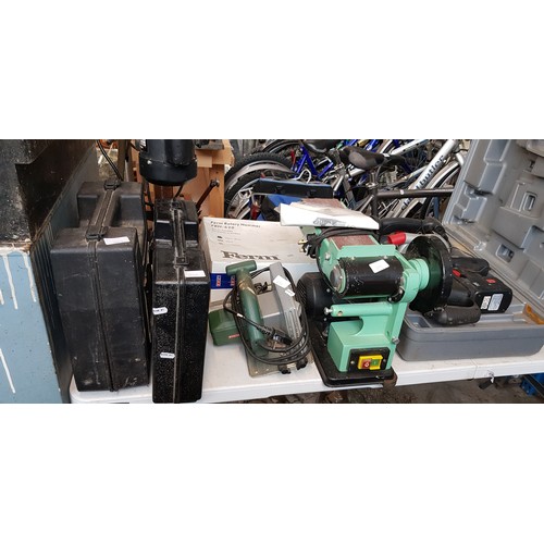 252 - A pillar drill together with a belt sander, circular saw, rotary hammer drill, Hitachi electric dril... 