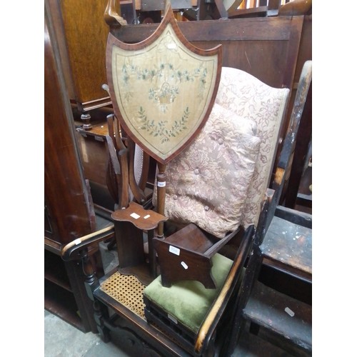 956 - Various items of furniture; a 19th century inlaid mahogany pole screen, two oak book troughs, a foot... 