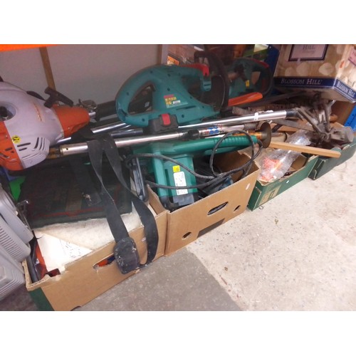 420 - Large quantity of garden tools, electric chainsaw, petrol multi-hedge trimmer, strimmer, battery cha... 