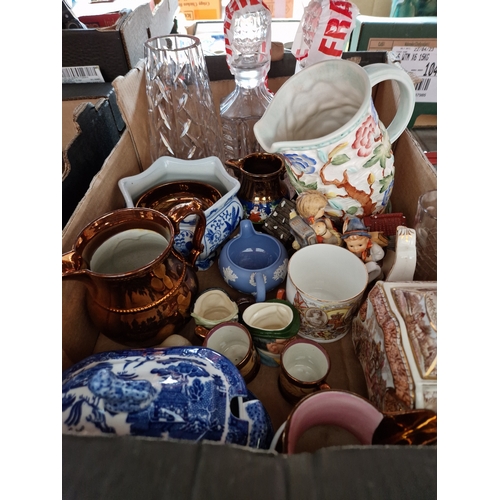 296 - A mixed lot pottery and glass including Wedgwood, glass decanters, Goebel figures, Toby jugs, etc.