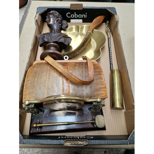 995 - A box of collectables to include a composite Greek style bust of a lady, brass crumble tray and brus... 