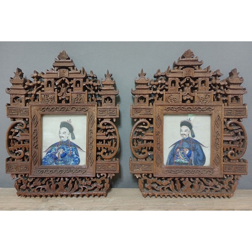 225 - A pair of 19th century Chinese miniature portraits on rice paper, 6.5cm x 7.5cm, carved wood frames,... 