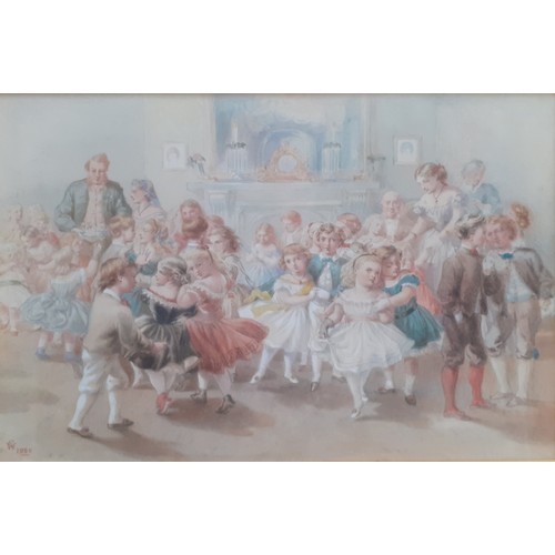 869 - 19th century school, watercolour, interior scene with children dancing (37cm x 24cm), signed and dat... 