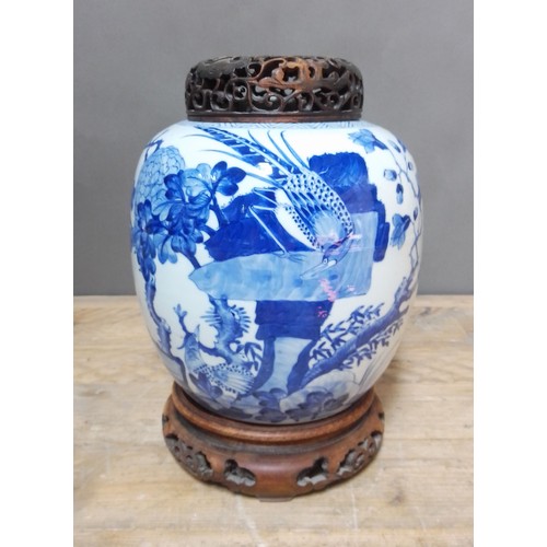 222 - A Chinese Kangxi period blue and white ginger jar, decorated with exotic birds and trees, double rin... 