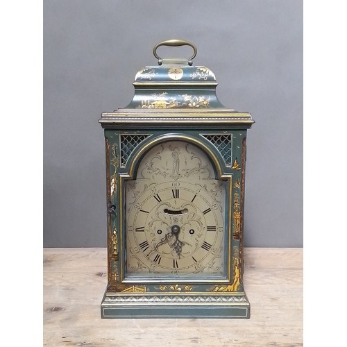 219 - A mid 18th century bracket clock, caddy top with brass handle, green chinoiserie decoration all over... 