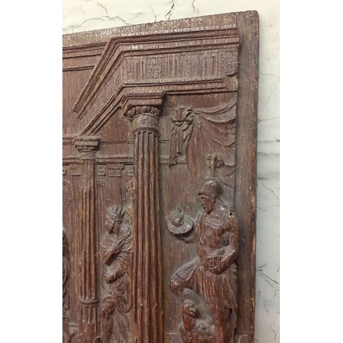 227 - A carved oak panel depicting Bel and the Dragon, from the book of Daniel, 27.5cm x 31.5cm, possibly ... 