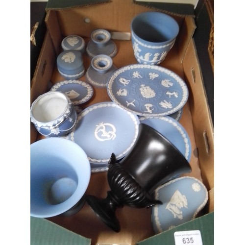 635 - Box of Wedgwood jasper ware etc.