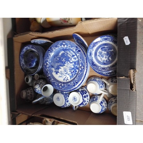 687 - A box of blue and white ware, willow pattern, etc.