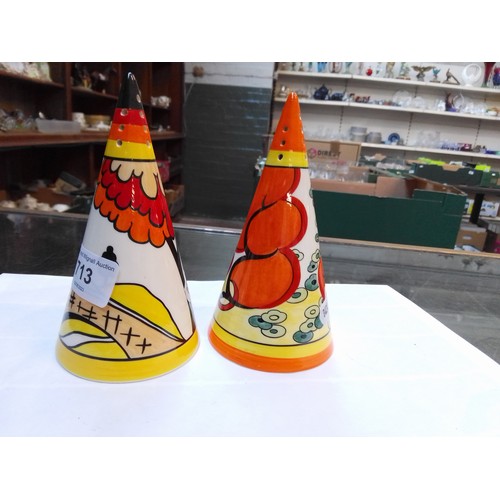 713 - Two Wedgwood Clarice Cliff style conical sugar shakers.