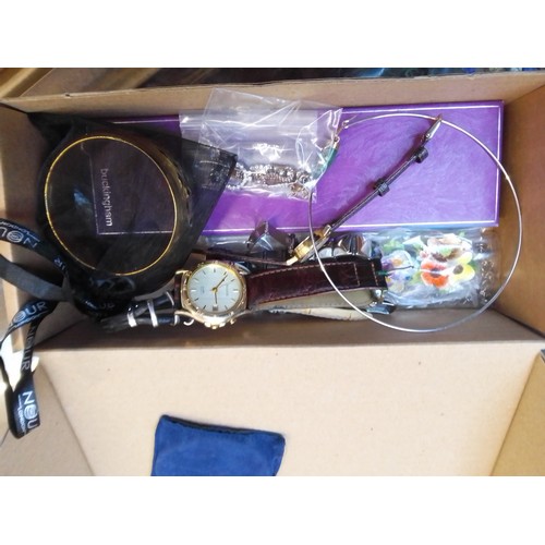 705 - A box of assorted costume jewellery including white metal, nephrite jade, fashion watches etc.