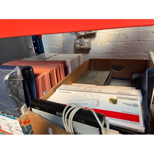 94 - Two boxes of office items including guillotine, paper, etc.