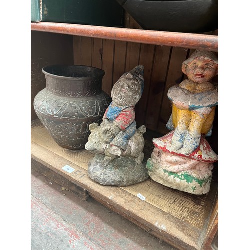 79 - Two garden ornaments, gnomes together with a Oriental copper vase.