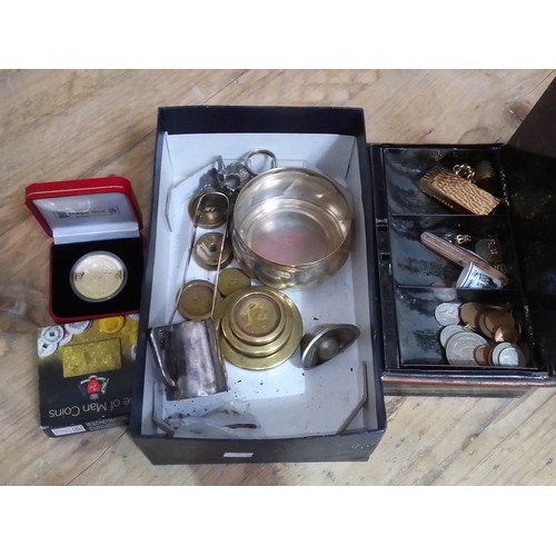 95 - A box of assorted items including coins, brass weights marked with Chinese characters, silver plated... 