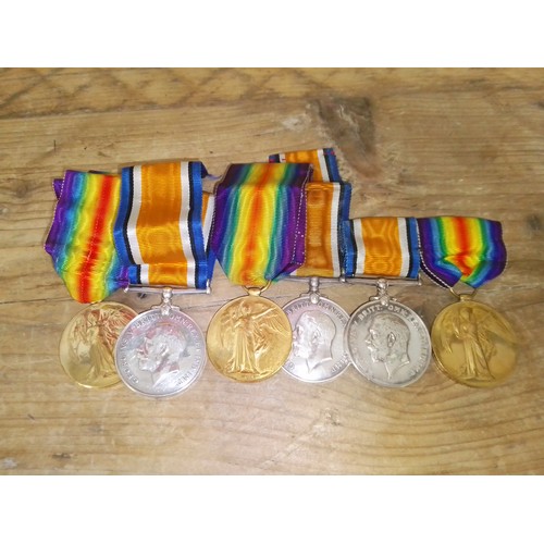 112 - Six WWI medals, duos awarded to 50891 PTE. F. Parker, 22311 PTE. F. Gleave and 48252 PTE. J. Burnie.