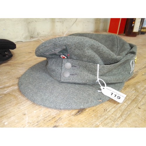 119 - A WW2 German field cap for Panzer other ranks, wool, turn-up ear/neck flap with two pebbled button c... 