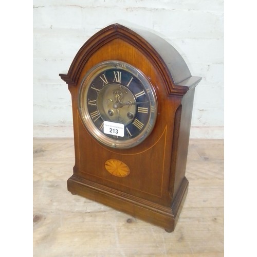 213 - A French mahogany cased mantle clock with Brocot type escapement, height 33cm.