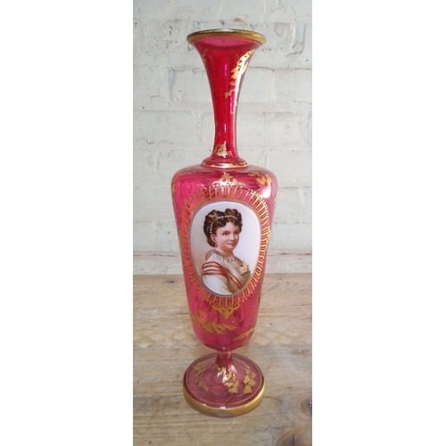 264 - A 19th century Bohemian ruby glass vase, portrait panel depicting a young lady, gilt decoration, hei... 