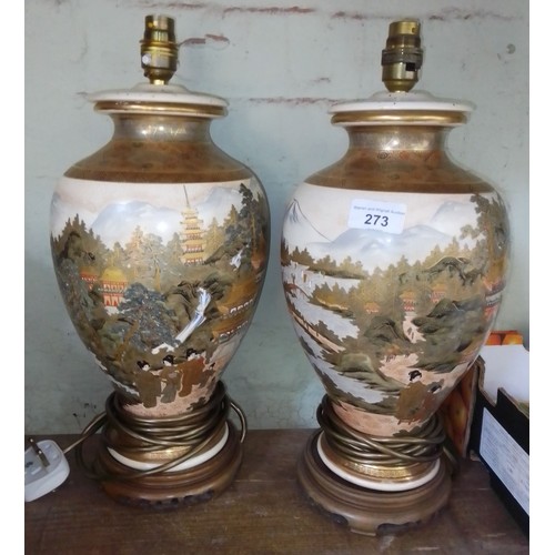 273 - A pair of Japanese Satsuma lamp bases (converted from vases), height 41cm.