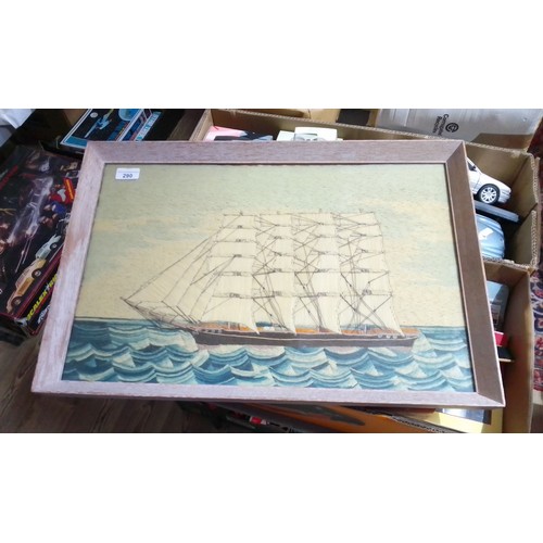 290 - A 19th century British sailor's woolwork picture or 'woolie', depicting a four masted clipper ship, ... 