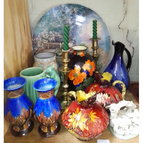 284 - Assorted pottery including a pair of Crescent Line jugs, a pair of Chameleon ware vases, Royal Doult... 