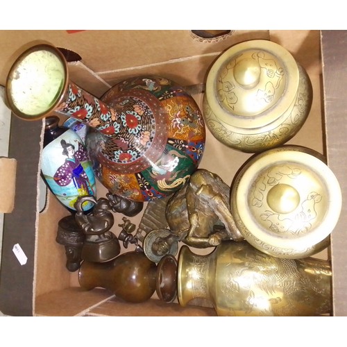 277 - A box of assorted mainly Chinese metal ware including bronze and cloisonne.