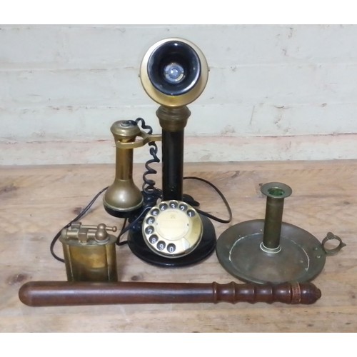 298 - A mixed lot of collectables comprising vintage brass and bakelite telephone by Astral Telecom, a wal... 