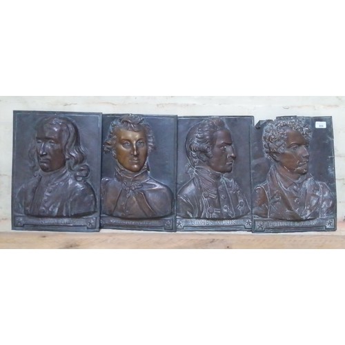 304 - A set of four embossed metal plaques depicting; Lord Byron, Wellington, James Cook & Newton, 30.5cm ... 