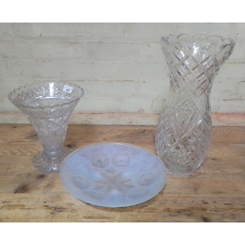 297 - A French Art Deco opalescent pressed glass dish and two large cut glass vases, tallest 42cm.