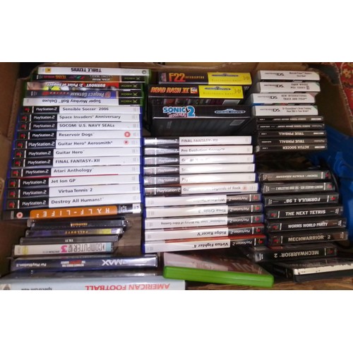 386 - A box of various video games Playstation, PS2, Megadrive, Nintendo DS, Xbox and PC together with a S... 