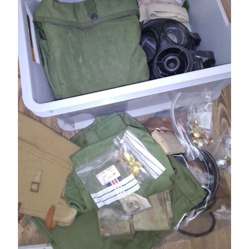 401 - A box of assorted militaria comprising S10 respirator, S6 respirator, field dressing, army officer's... 