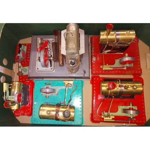 398 - A box of assorted stationary live steam models comprising four Mamod engines and two accessories and... 