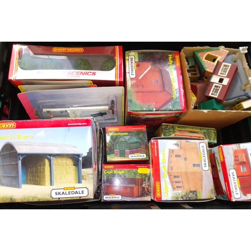 395 - Three boxes of assorted model railway including scenery, Hornby buildings and track.