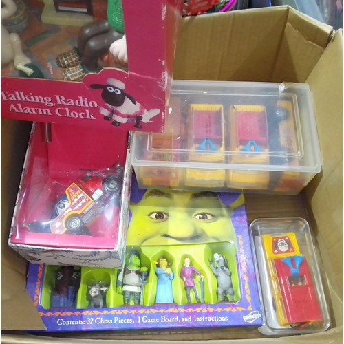 431 - A box of assorted toys including die-cast Corgi Magic Roundabout, Wallace and Gromit radio alarm clo... 