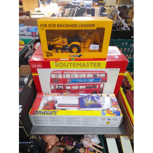 413 - A mixed lot of toys comprising a Sun Star Routemaster bus, a Joal Compact truck, a Britains JCB.