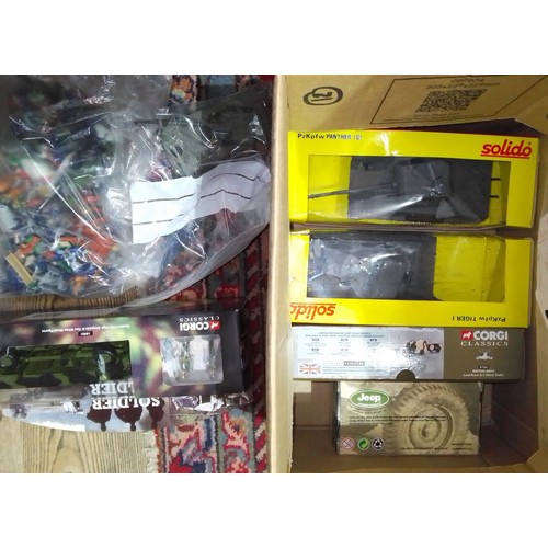 433 - A box of military die-cast vehicles comprising Solido, Corgi and Cararama, together with a bag of mi... 