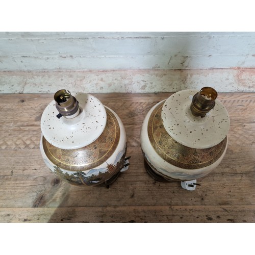 273 - A pair of Japanese Satsuma lamp bases (converted from vases), height 41cm.