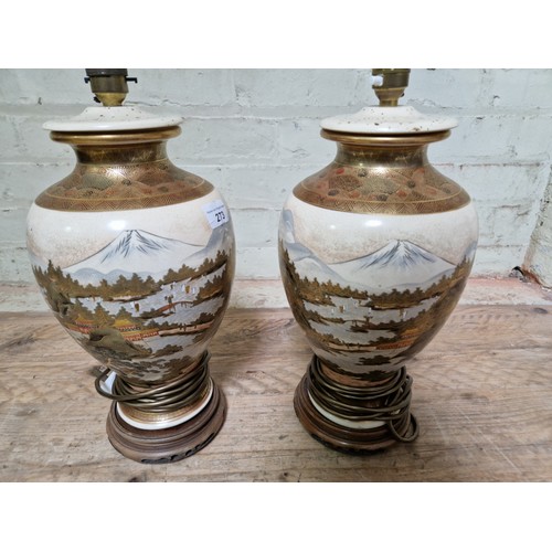 273 - A pair of Japanese Satsuma lamp bases (converted from vases), height 41cm.