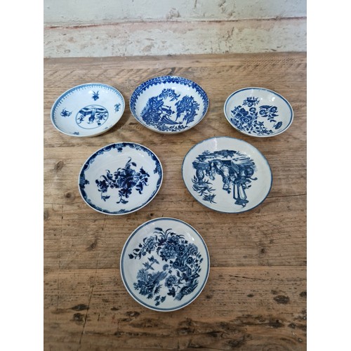 66 - A tray of assorted 18th century blue and white porcelain, the majority crescent marked Worcester and... 