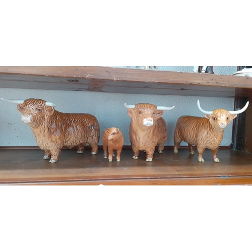 521 - 4 Beswick Highland Cattle figures. 2 bulls, 1 cow and a calf