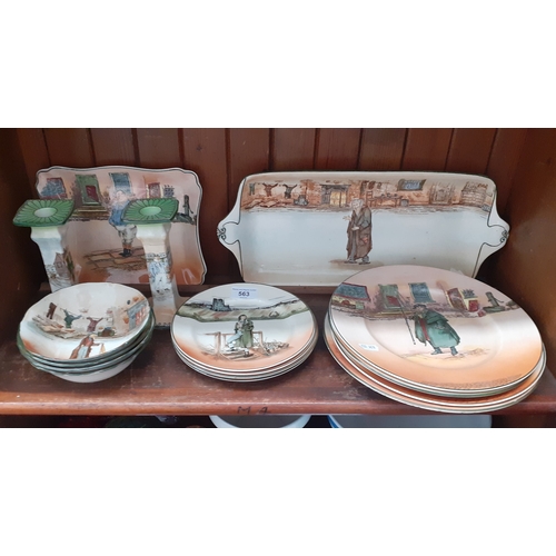 563 - 16 items of Royal Doulton Dickens ware including a large tray 44 x 19 cm, a pair of 
candlesticks et... 