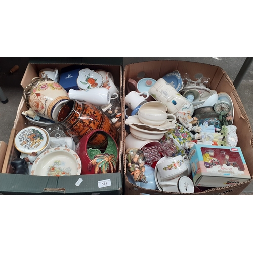 571 - 2 boxes of mixed ceramics and glass including Bunnykins, Aynsley etc.