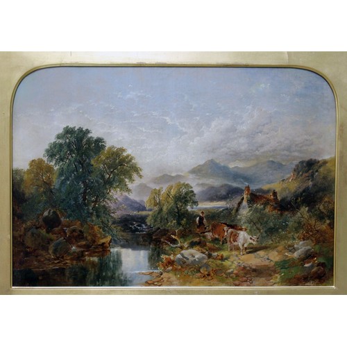 132 - 19th Century School, landscape with cattle drover, oil on canvas, 64cm x 44cm, unsigned, farmed 86cm... 