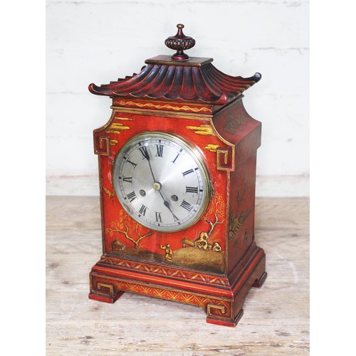 105 - An early 20th century scarlet japanned chinoiserie mantle clock, pagoda top, unsigned 4 3/4