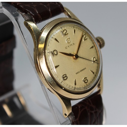 96 - A Cyma 9ct gold wristwatch, case diam. 32mm, later leather strap.