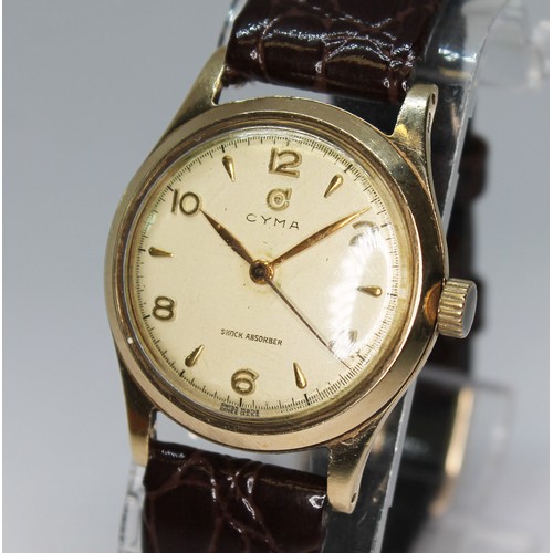 96 - A Cyma 9ct gold wristwatch, case diam. 32mm, later leather strap.