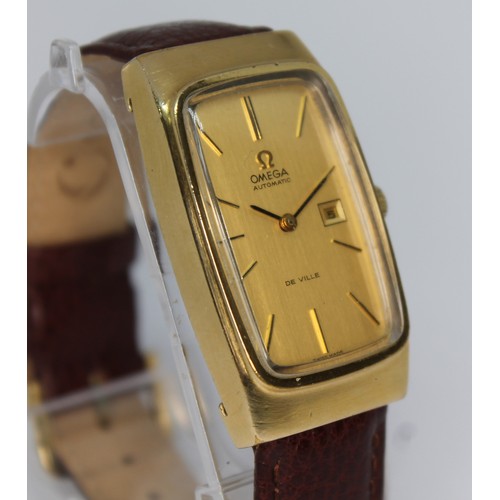 86 - An Omega De Ville gold plated calendar watch, circa 1970, case length 43mm, manual wind, later leath... 